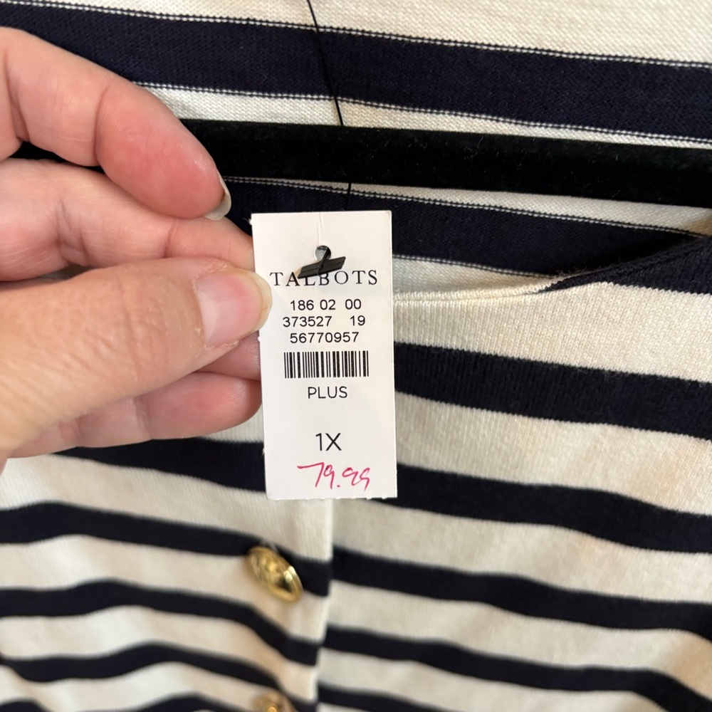 Talbots Plus White & Navy Blue Stripe Gold Button Cardigan Women’s Size 1X NEW - Picture 4 of 5